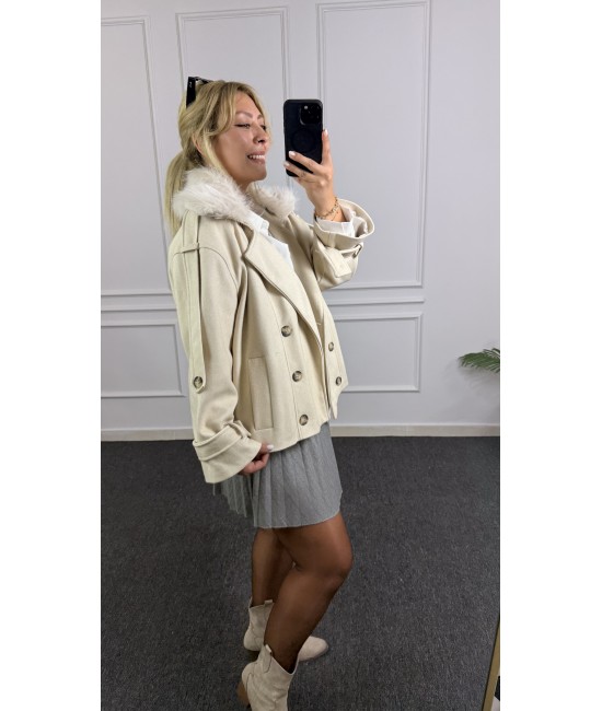 Premium Kürk Yaka Oversize Kaşe Ceket  Premium Kürk Yaka Oversize Kaşe Ceket