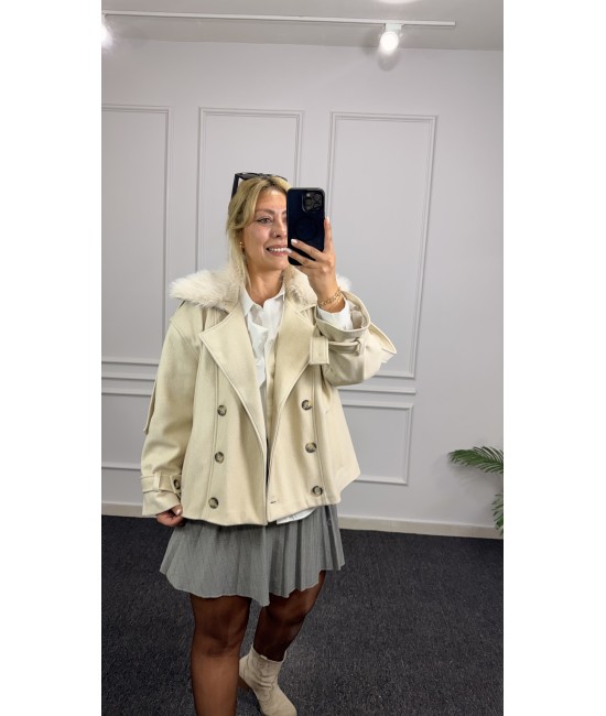 Premium Kürk Yaka Oversize Kaşe Ceket  Premium Kürk Yaka Oversize Kaşe Ceket