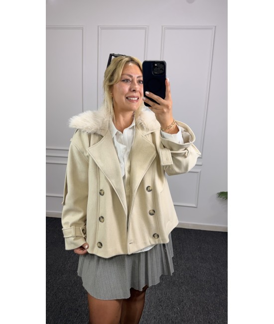 Premium Kürk Yaka Oversize Kaşe Ceket  Premium Kürk Yaka Oversize Kaşe Ceket