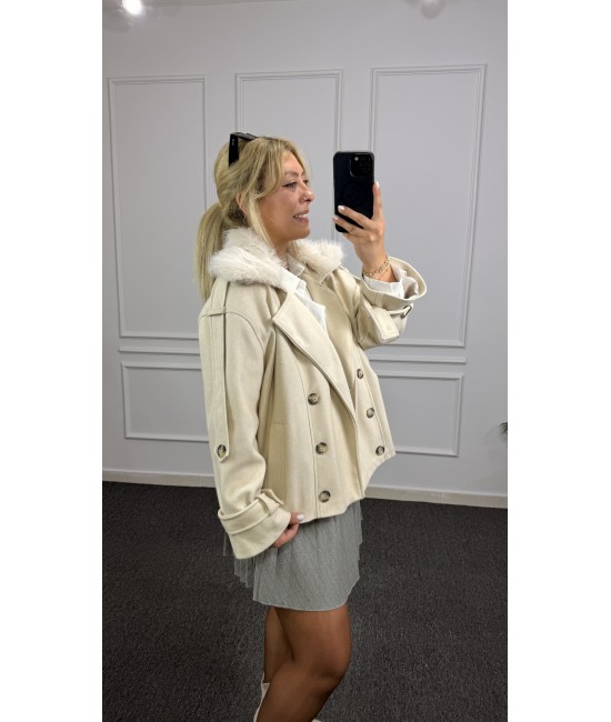 Premium Kürk Yaka Oversize Kaşe Ceket  Premium Kürk Yaka Oversize Kaşe Ceket