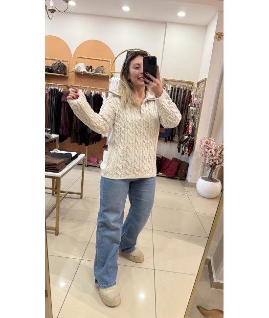 Lady Saçörgü Fermuarlı Dik Yaka Kazak