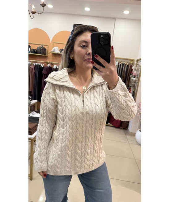 Lady Saçörgü Fermuarlı Dik Yaka Kazak