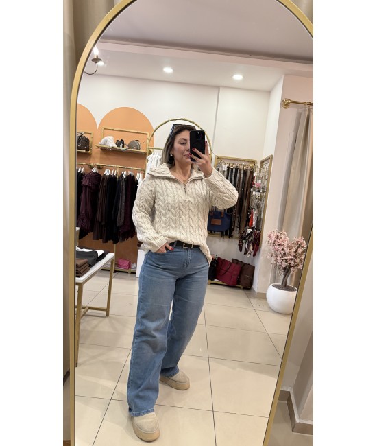 Lady Saçörgü Fermuarlı Dik Yaka Kazak