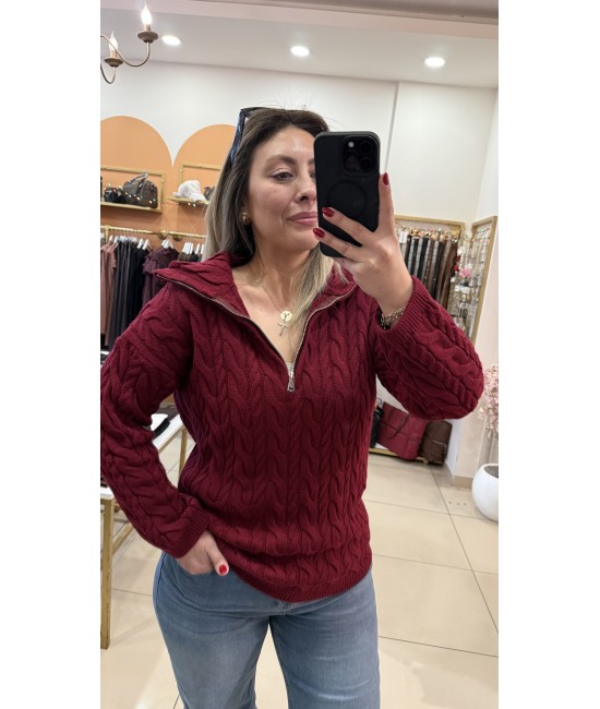 Lady Saçörgü Fermuarlı Dik Yaka Kazak