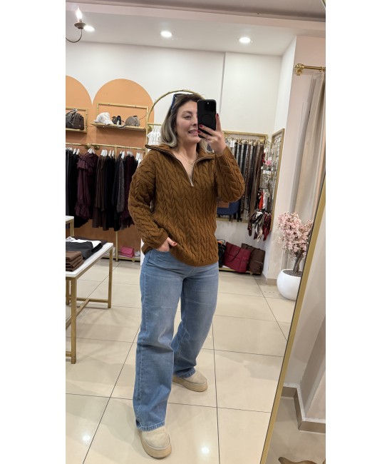 Lady Saçörgü Fermuarlı Dik Yaka Kazak