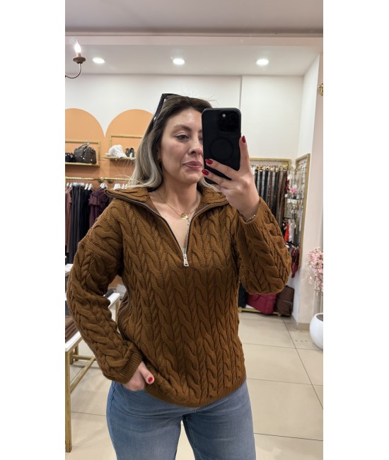 Lady Saçörgü Fermuarlı Dik Yaka Kazak