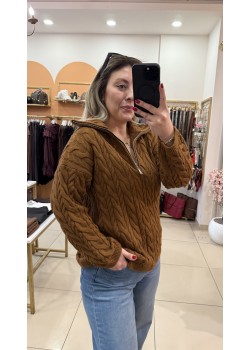 Lady Saçörgü Fermuarlı Dik Yaka Kazak