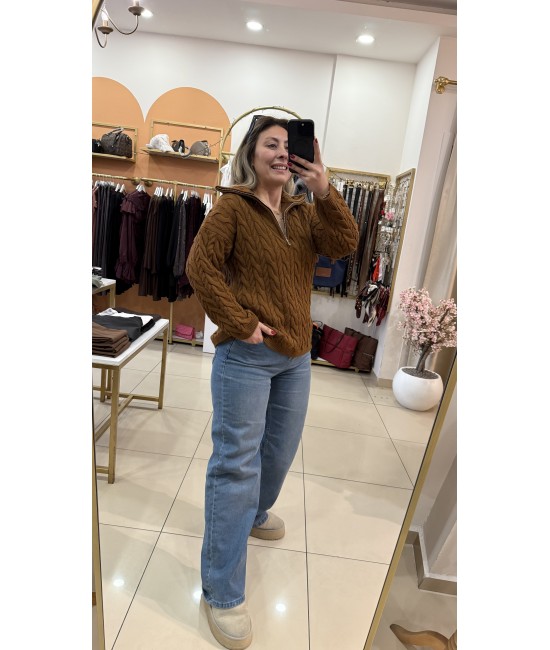 Lady Saçörgü Fermuarlı Dik Yaka Kazak