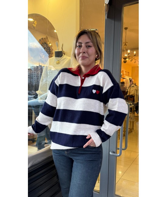 Oversize Çizgili Polo Yaka Kazak