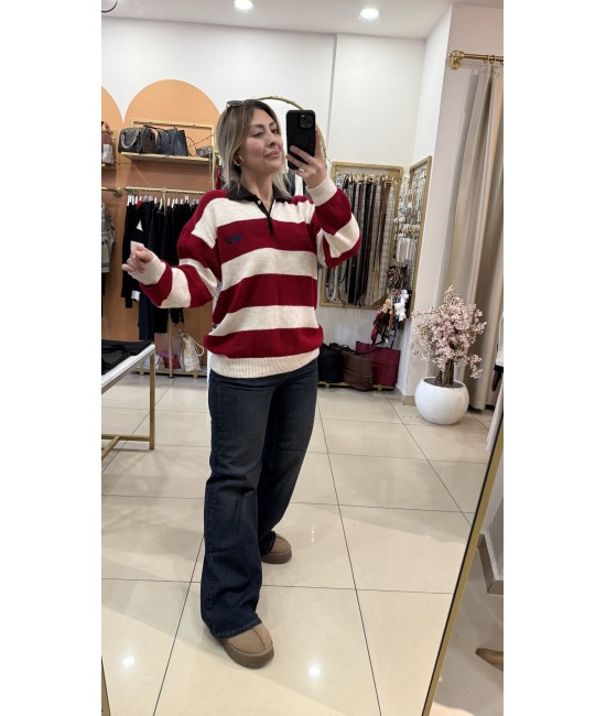 Oversize Çizgili Polo Yaka Kazak