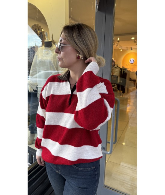 Oversize Çizgili Polo Yaka Kazak