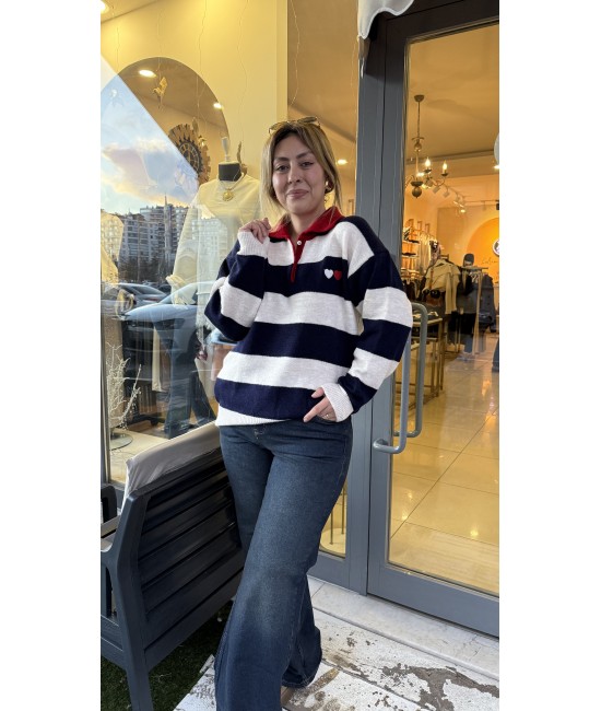 Oversize Çizgili Polo Yaka Kazak