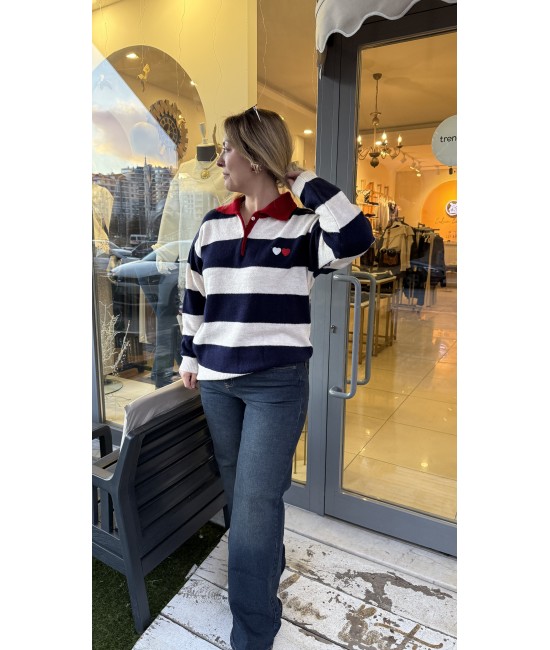 Oversize Çizgili Polo Yaka Kazak