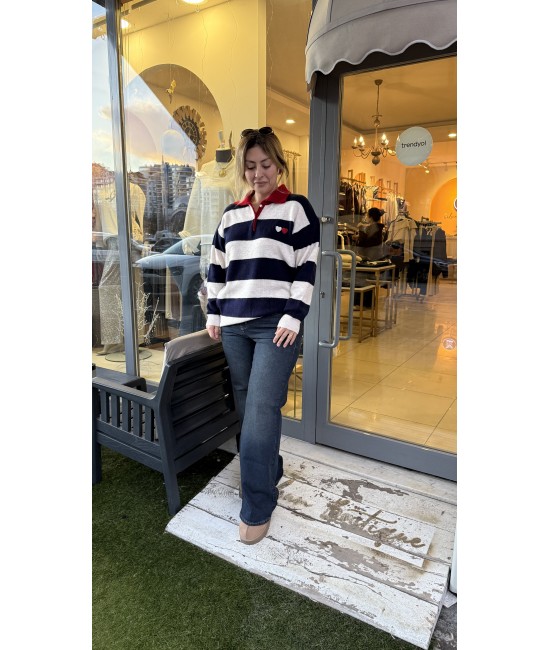 Oversize Çizgili Polo Yaka Kazak