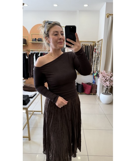 Acıkahve Tek Omuz Açık Bluz