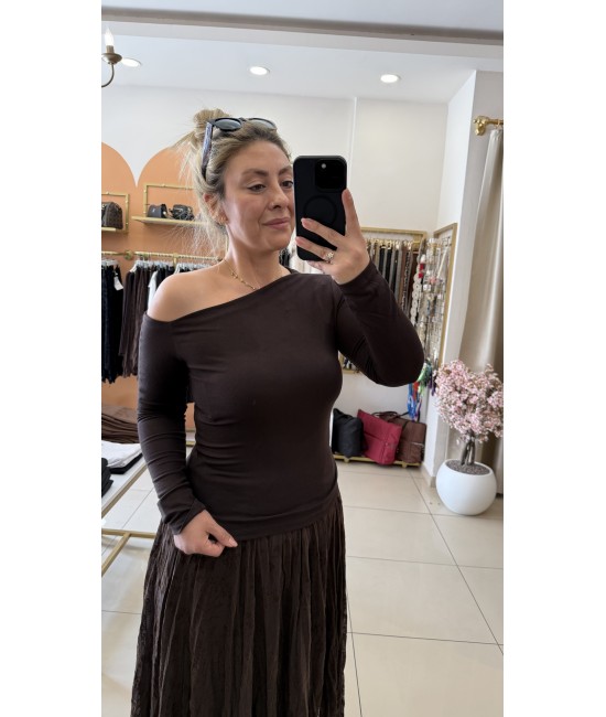 Acıkahve Tek Omuz Açık Bluz