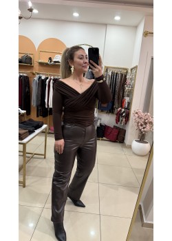 Kahve Çapraz Yaka Drape Bluz