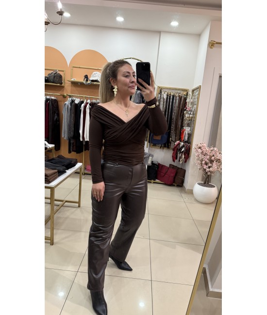 Kahve Çapraz Yaka Drape Bluz