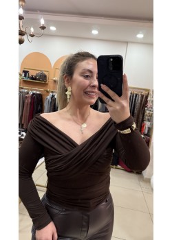 Kahve Çapraz Yaka Drape Bluz