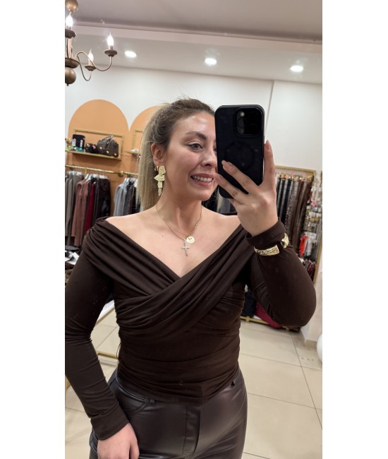 Kahve Çapraz Yaka Drape Bluz