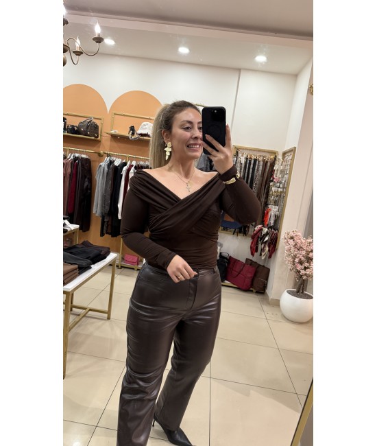 Kahve Çapraz Yaka Drape Bluz