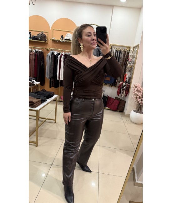 Mngo Kahve Deri Flare Pantolon