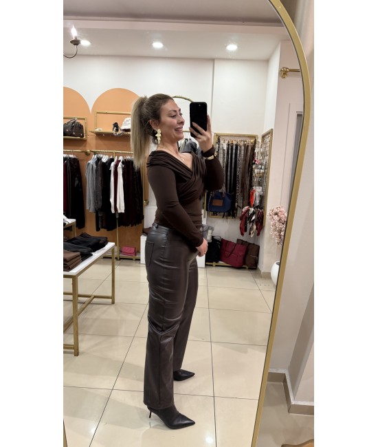 Mngo Kahve Deri Flare Pantolon