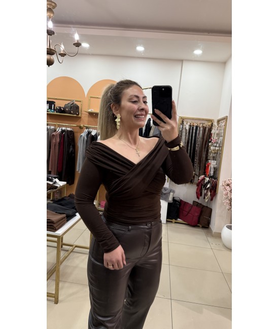 Kahve Çapraz Yaka Drape Bluz
