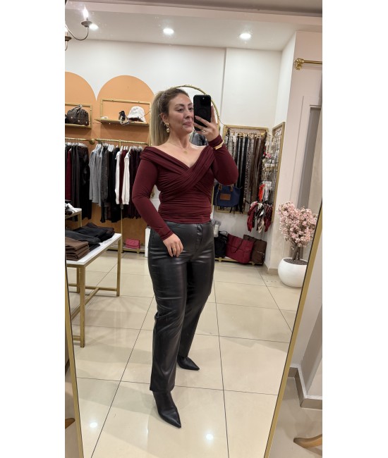 Bordo Çapraz Yaka Drape Bluz