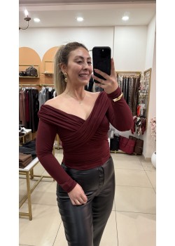 Bordo Çapraz Yaka Drape Bluz