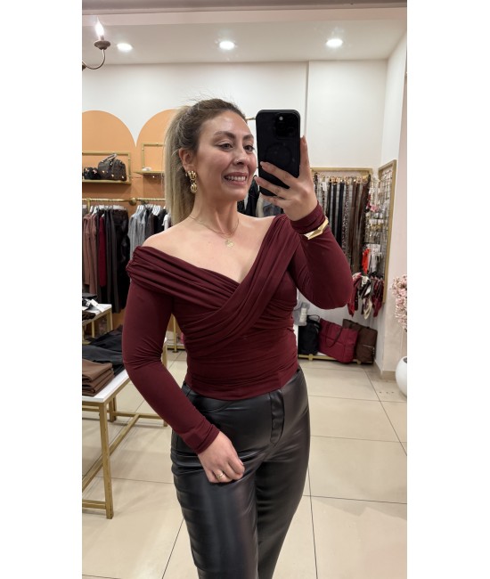 Bordo Çapraz Yaka Drape Bluz