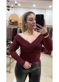 Bordo Çapraz Yaka Drape Bluz