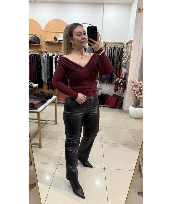 Bordo Çapraz Yaka Drape Bluz