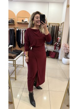 Bordo Gold Toka Detay Yırtmaçlı Elbise