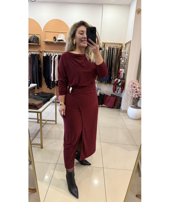 Bordo Gold Toka Detay Yırtmaçlı Elbise