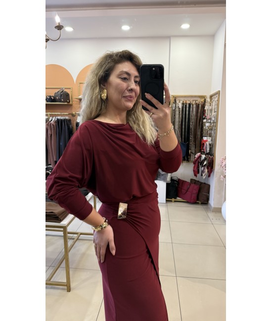 Bordo Gold Toka Detay Yırtmaçlı Elbise