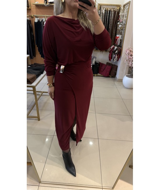 Bordo Gold Toka Detay Yırtmaçlı Elbise