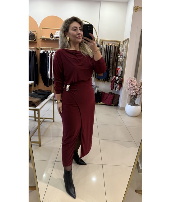 Bordo Gold Toka Detay Yırtmaçlı Elbise