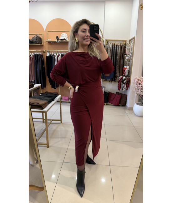 Bordo Gold Toka Detay Yırtmaçlı Elbise