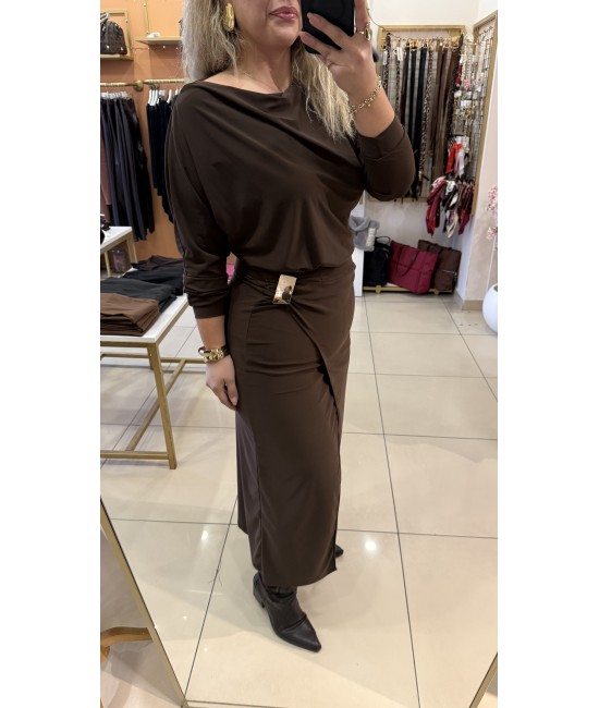 Kahve Gold Toka Detay Yırtmaçlı Elbise