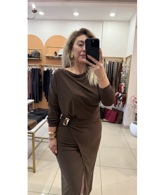 Kahve Gold Toka Detay Yırtmaçlı Elbise