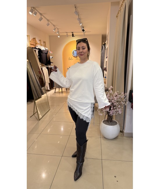 Saten Dantel Detay Beyaz Pamuk Sweat