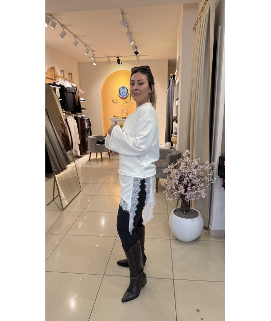 Saten Dantel Detay Beyaz Pamuk Sweat