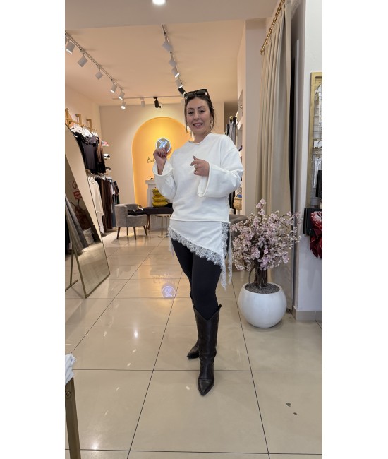 Saten Dantel Detay Beyaz Pamuk Sweat