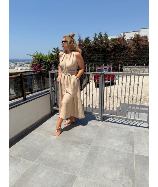 Keten Kumaş Kemerli Elbise