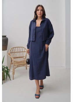 Lacivert Cupra Askılı Elbise & Gömlek Takım